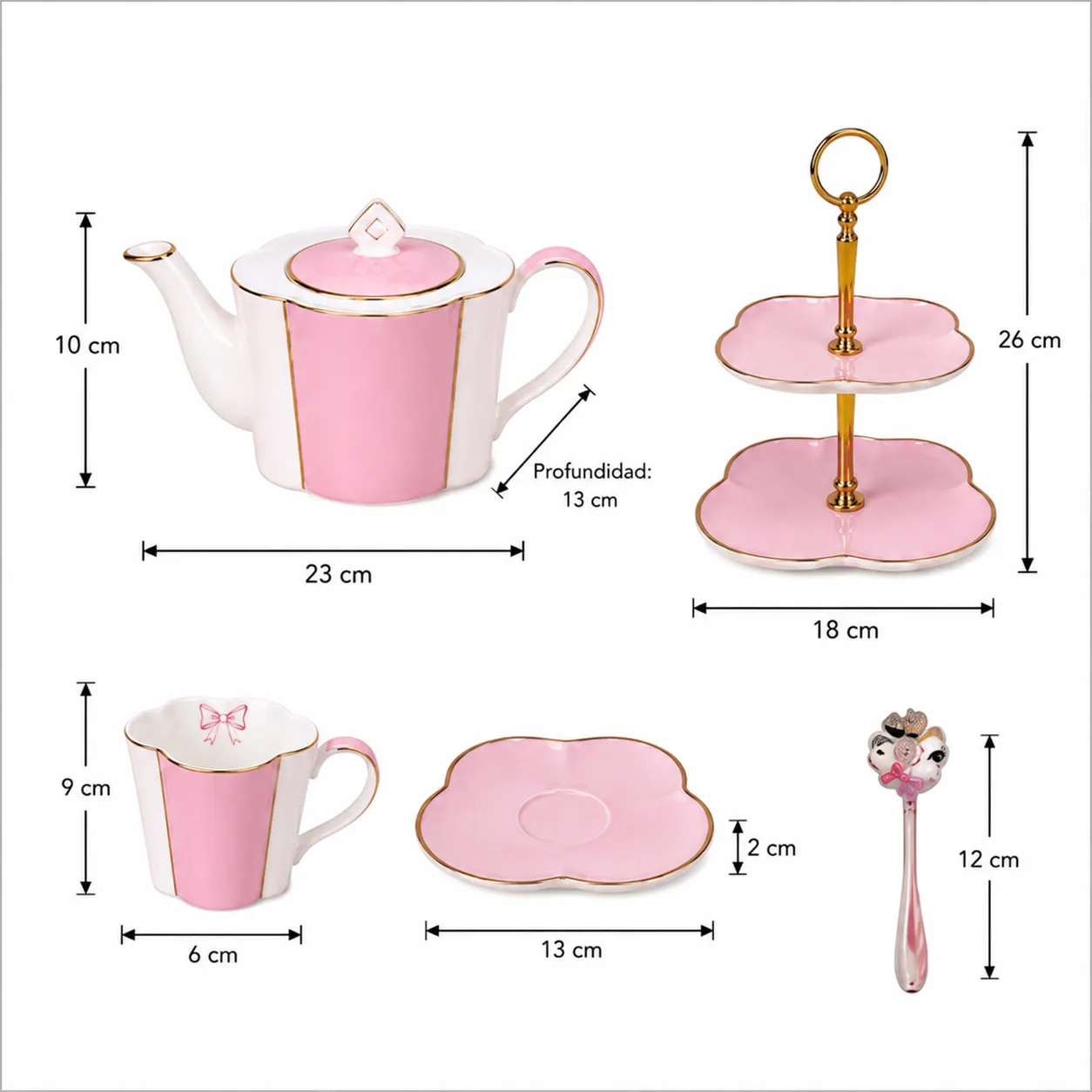 Set de té 4 tazas con platos, jarra y palillero, Rosado pastel (tetera 23*13*10cm) (tazas 6*9cm) (platillo 13*2cm) (palillero 18*26cm) (cuchara 12cm)