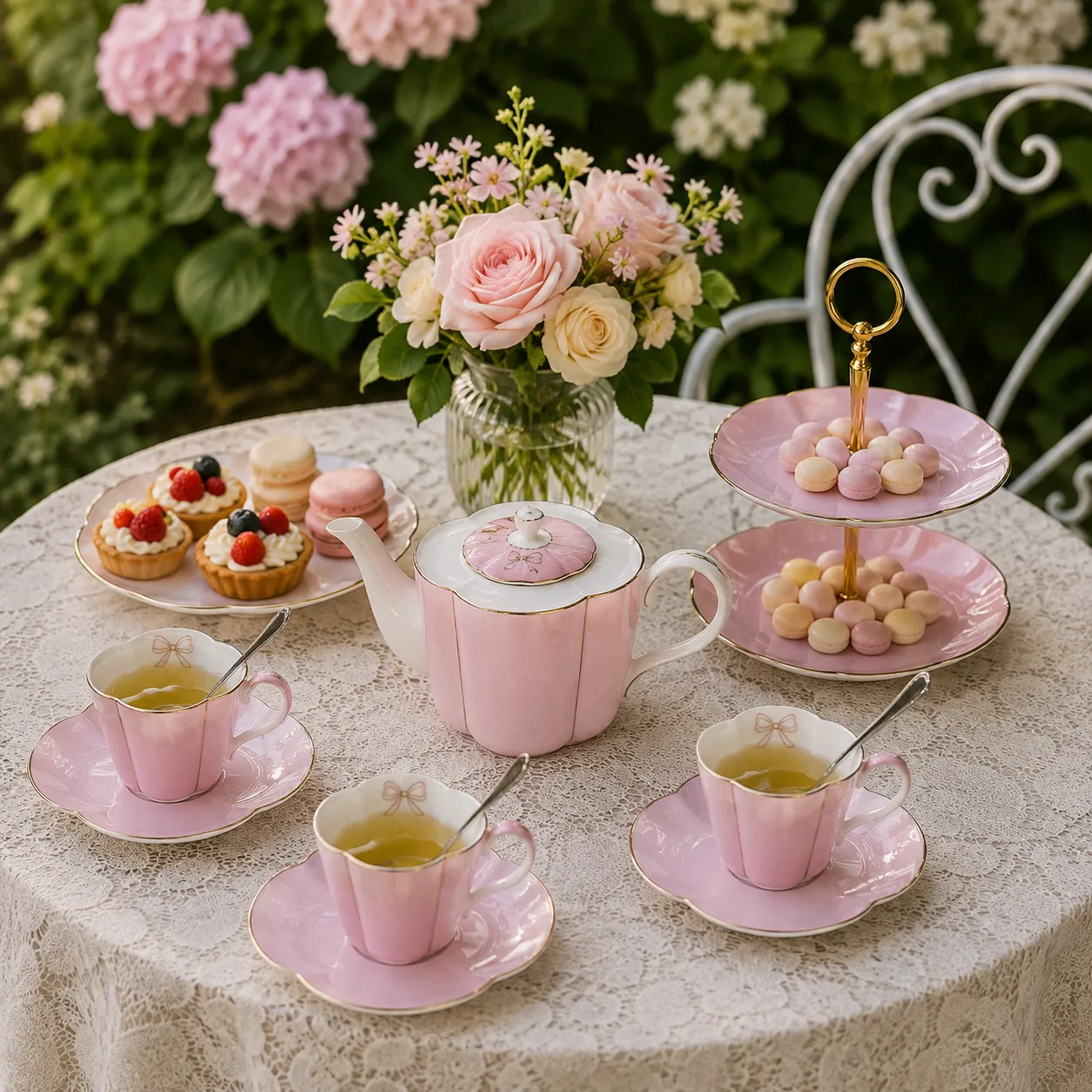 Set de té 4 tazas con platos, jarra y palillero, Rosado pastel (tetera 23*13*10cm) (tazas 6*9cm) (platillo 13*2cm) (palillero 18*26cm) (cuchara 12cm)