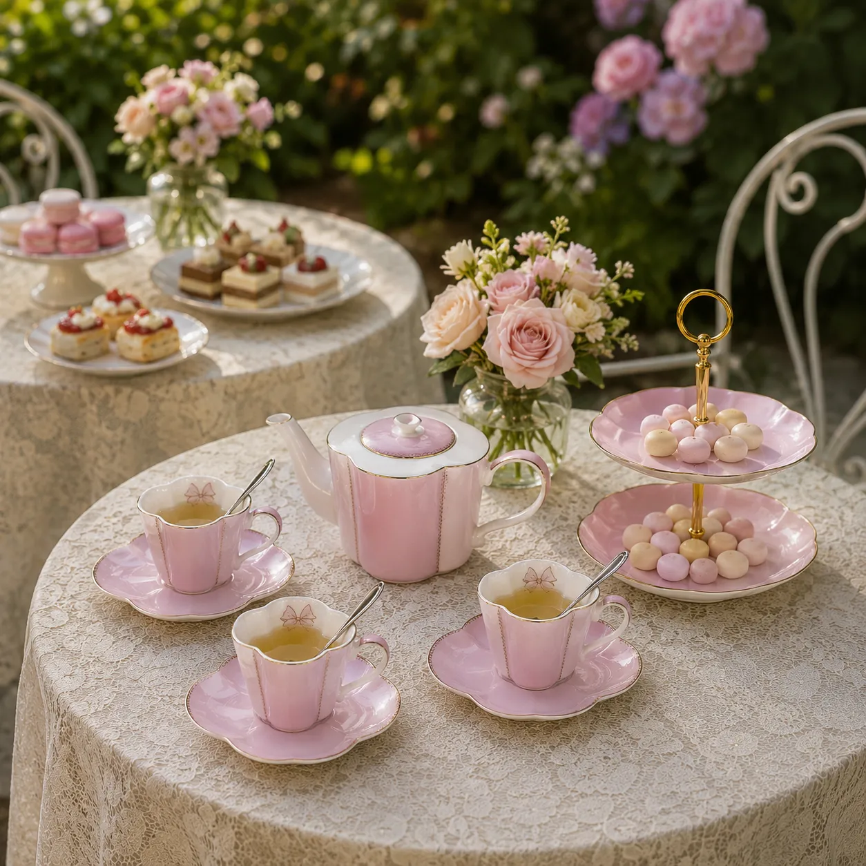 Set de té 4 tazas con platos, jarra y palillero, Rosado pastel (tetera 23*13*10cm) (tazas 6*9cm) (platillo 13*2cm) (palillero 18*26cm) (cuchara 12cm)