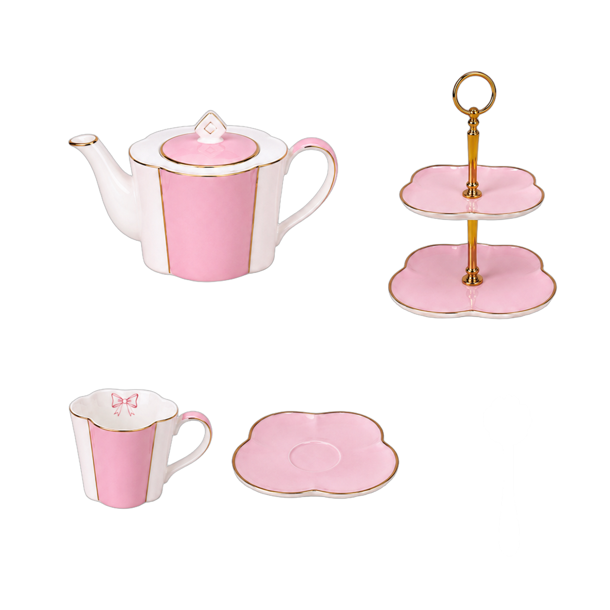 Set de té 4 tazas con platos, jarra y palillero, Rosado pastel (tetera 23*13*10cm) (tazas 6*9cm) (platillo 13*2cm) (palillero 18*26cm) (cuchara 12cm)