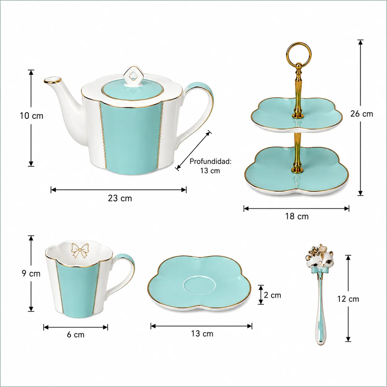 Set de té 4 tazas con platos, jarra y palillero, Celeste pastel (tetera 23*13*10cm) (tazas 6*9cm) (platillo 13*2cm) (palillero 18*26cm) (cuchara 12cm)