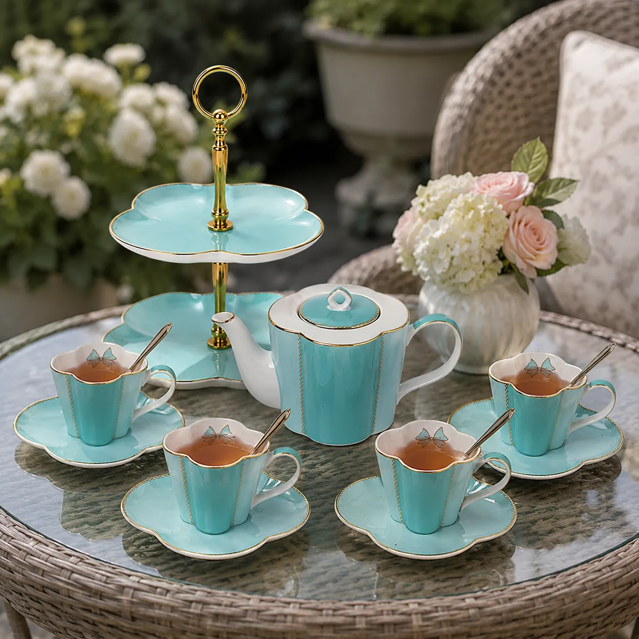 Set de té 4 tazas con platos, jarra y palillero, Celeste pastel (tetera 23*13*10cm) (tazas 6*9cm) (platillo 13*2cm) (palillero 18*26cm) (cuchara 12cm)