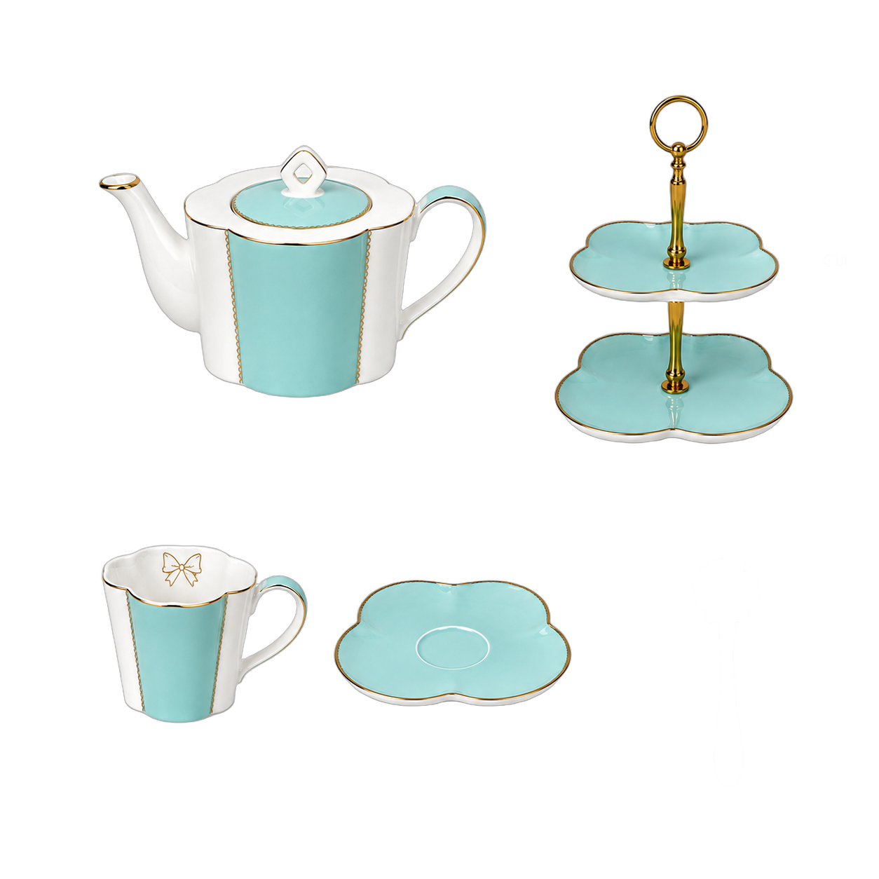 Set de té 4 tazas con platos, jarra y palillero, Celeste pastel (tetera 23*13*10cm) (tazas 6*9cm) (platillo 13*2cm) (palillero 18*26cm) (cuchara 12cm)