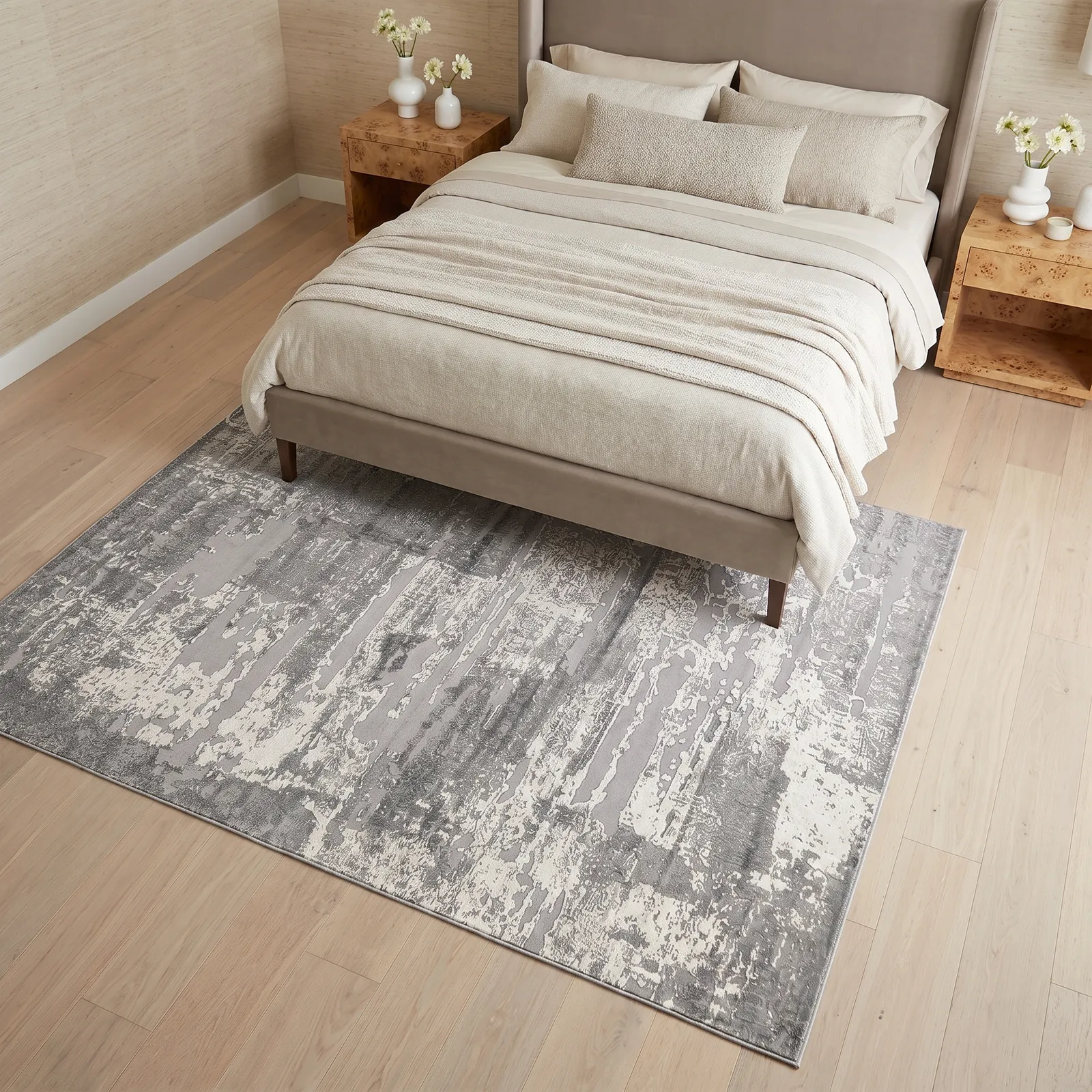 Alfombra abstracta Diseñador 01 grande, Hueso y gris claro, grosor 2 cm, reverso de yute (200*290cm)