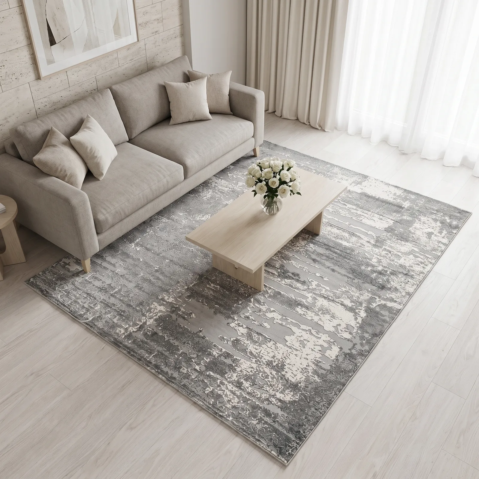 Alfombra abstracta Diseñador 01 XL, Hueso y gris claro, grosor 2 cm, reverso de yute (240*340cm)