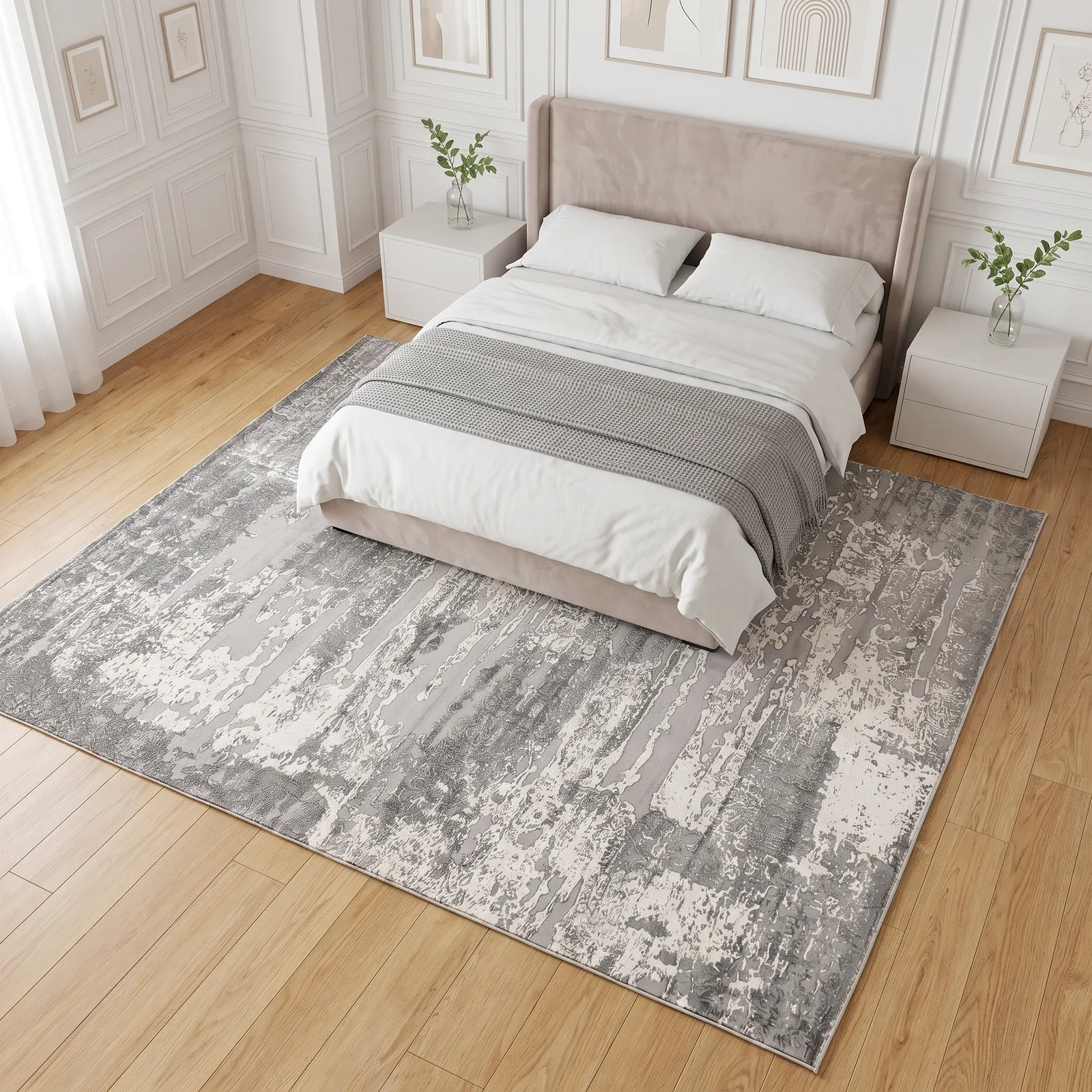 Alfombra abstracta Diseñador 01 XL, Hueso y gris claro, grosor 2 cm, reverso de yute (240*340cm)