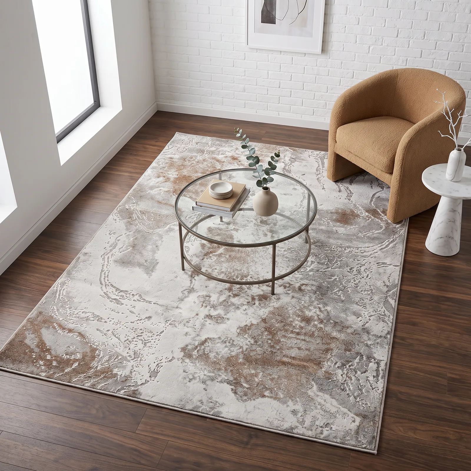 Alfombra abstracta Sevilla 05, Beige y terracota, grosor 2 cm, reverso de yute (160*230cm)