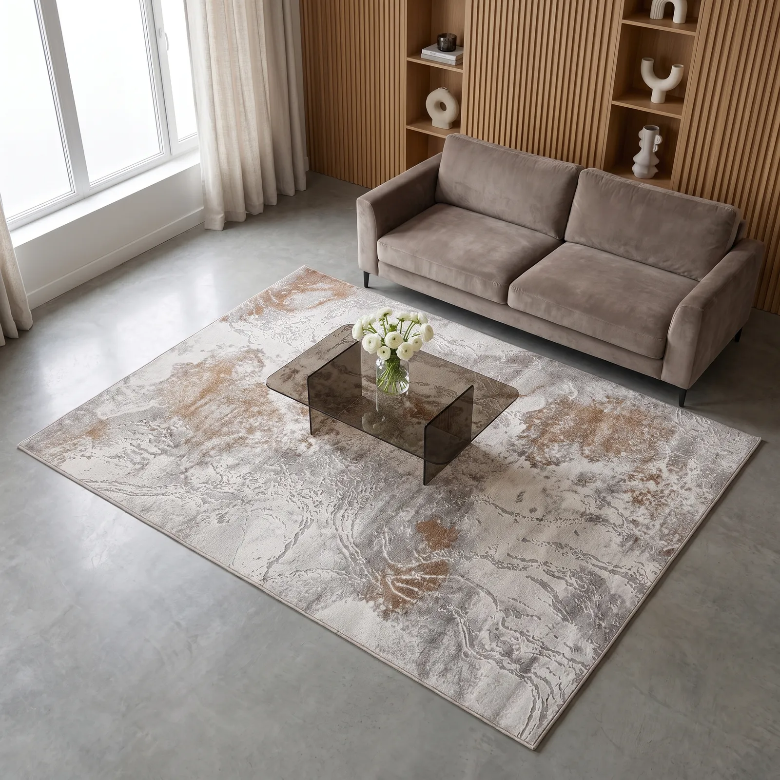 Alfombra abstracta Sevilla 05 grande, Beige y terracota, grosor 2 cm, reverso de yute (200*290cm)