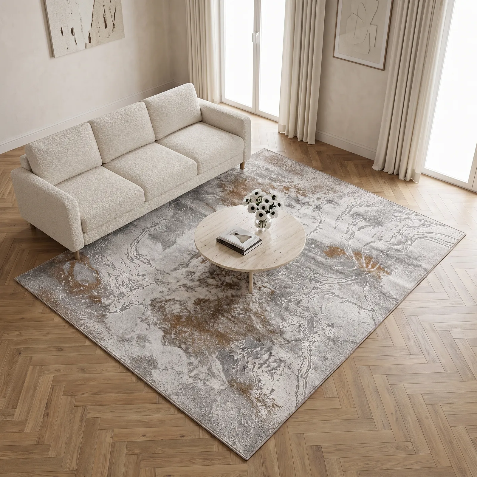 Alfombra abstracta Sevilla 05 XL, Beige y terracota, grosor 2 cm, reverso de yute (240*340cm)