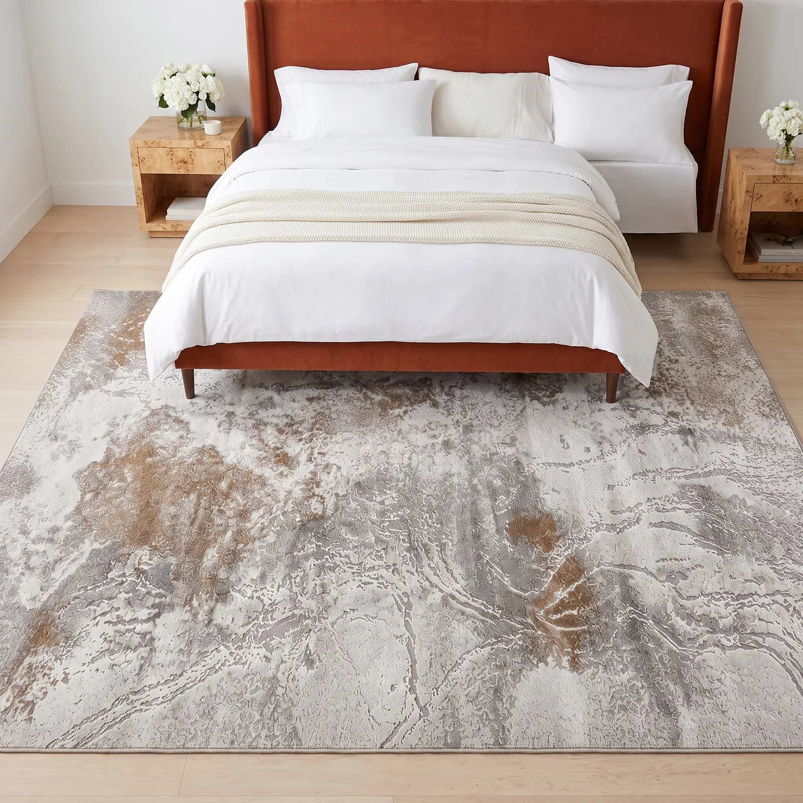 Alfombra abstracta Sevilla 05 XL, Beige y terracota, grosor 2 cm, reverso de yute (240*340cm)