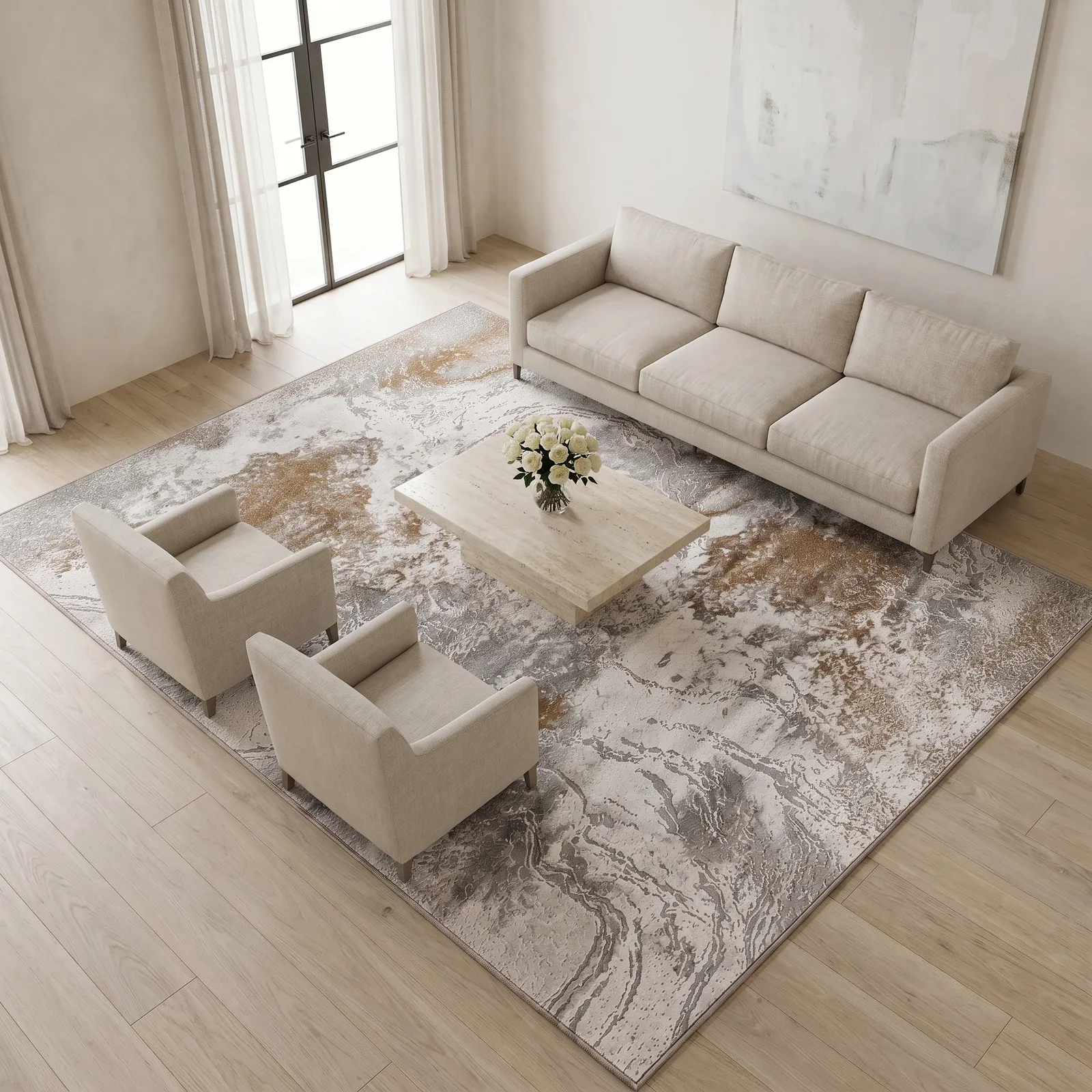 Alfombra abstracta Sevilla 05 extra grande, Beige y terracota, grosor 2 cm, reverso de yute (300*400cm)