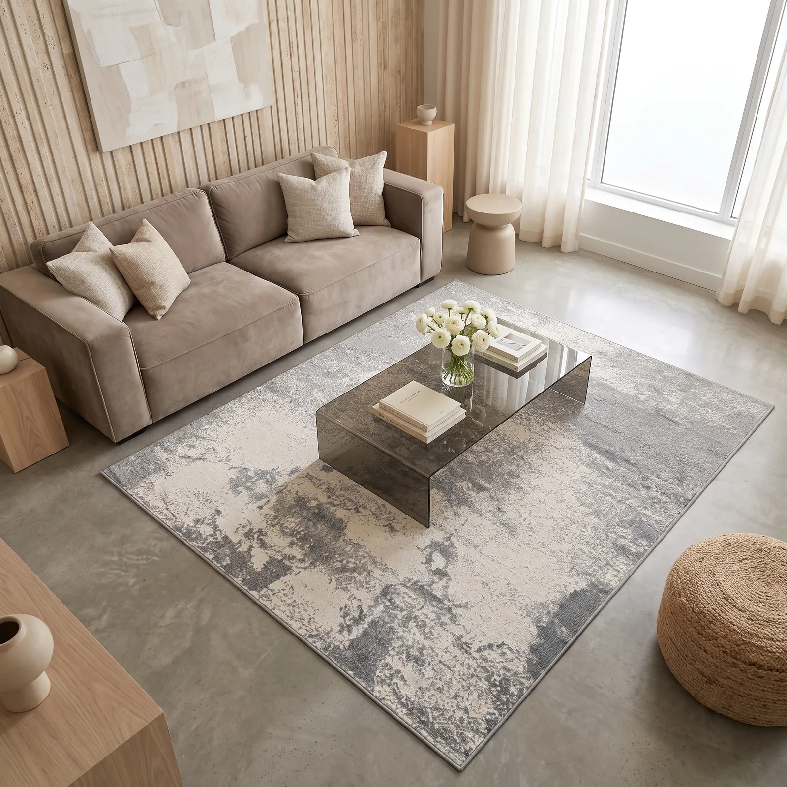 Alfombra abstracta veteada grande, Gris y hueso, grosor 2 cm, reverso de yute (200*290cm)