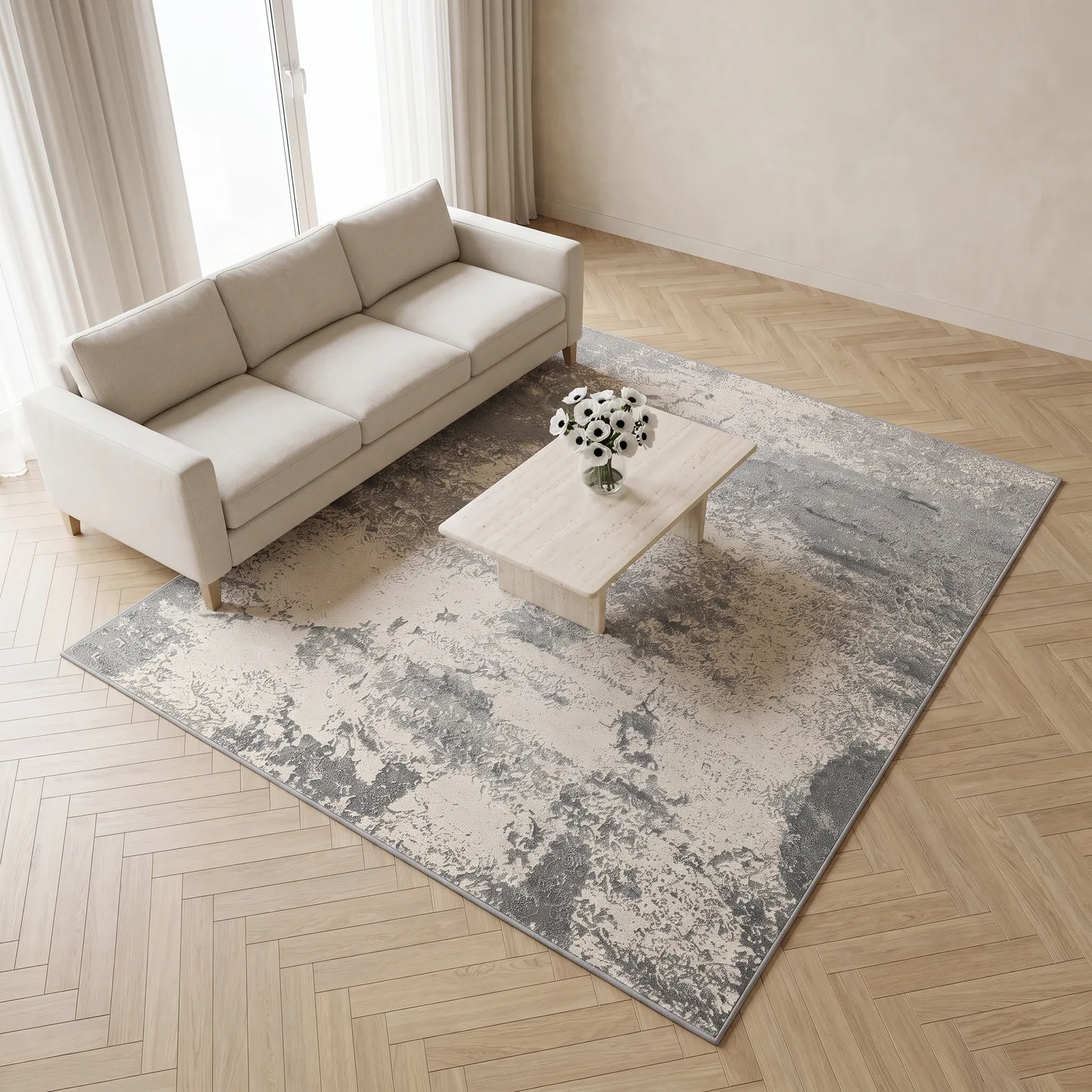 Alfombra abstracta veteada XL, Gris y hueso, grosor 2 cm, reverso de yute (240*340cm)