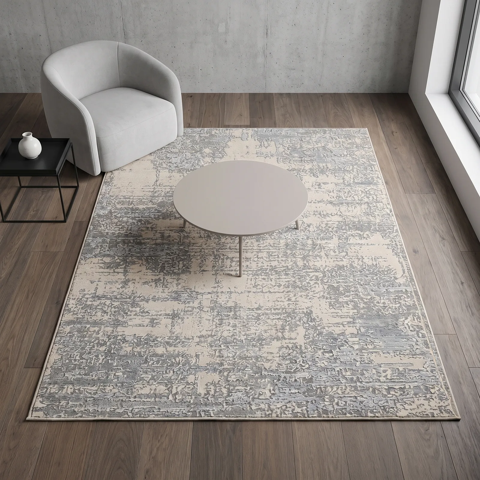 Alfombra abstracta difuminada, Hueso y gris, grosor 2 cm, reverso de yute (160*230cm)