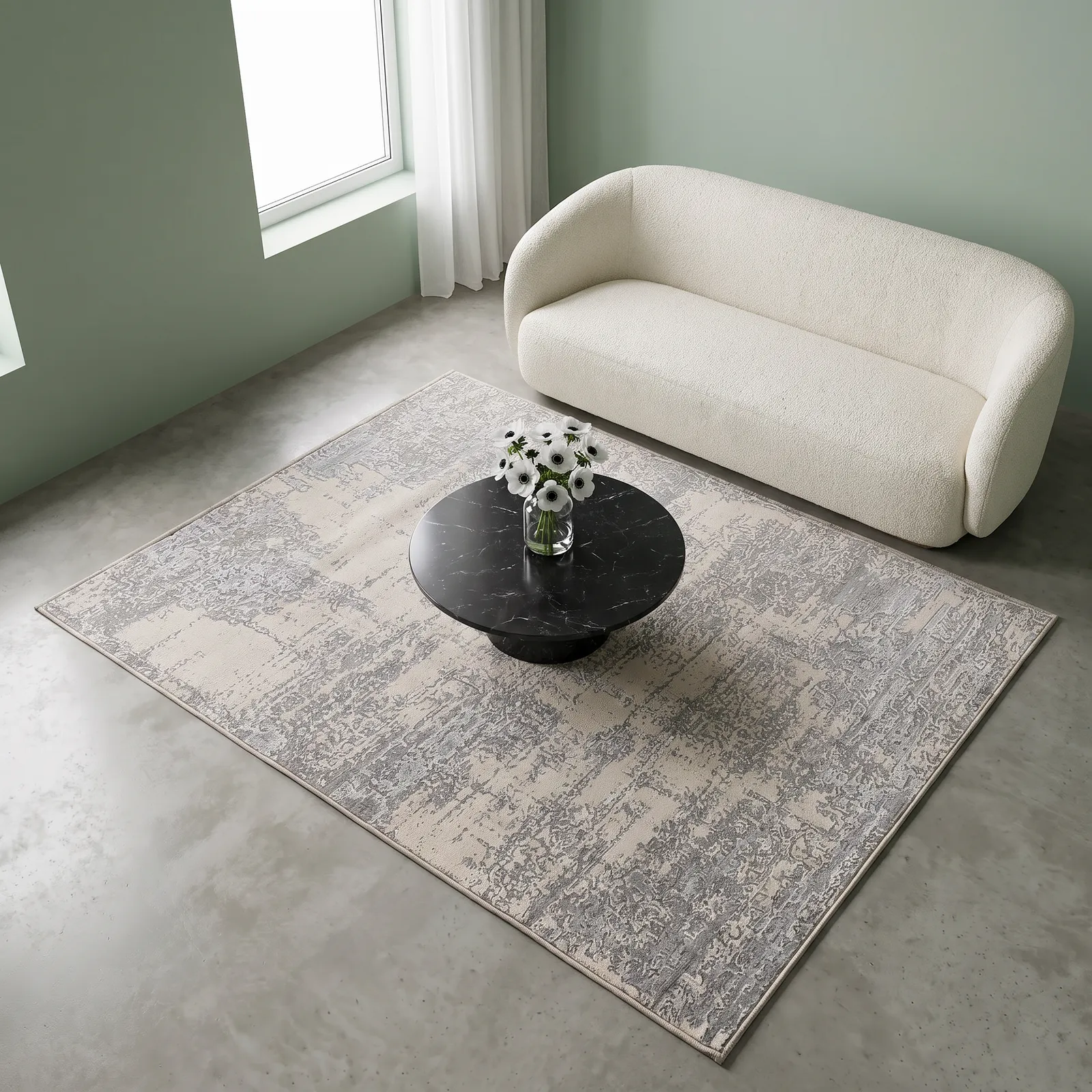 Alfombra abstracta difuminada grande, Hueso y gris, grosor 2 cm, reverso de yute (200*290cm)
