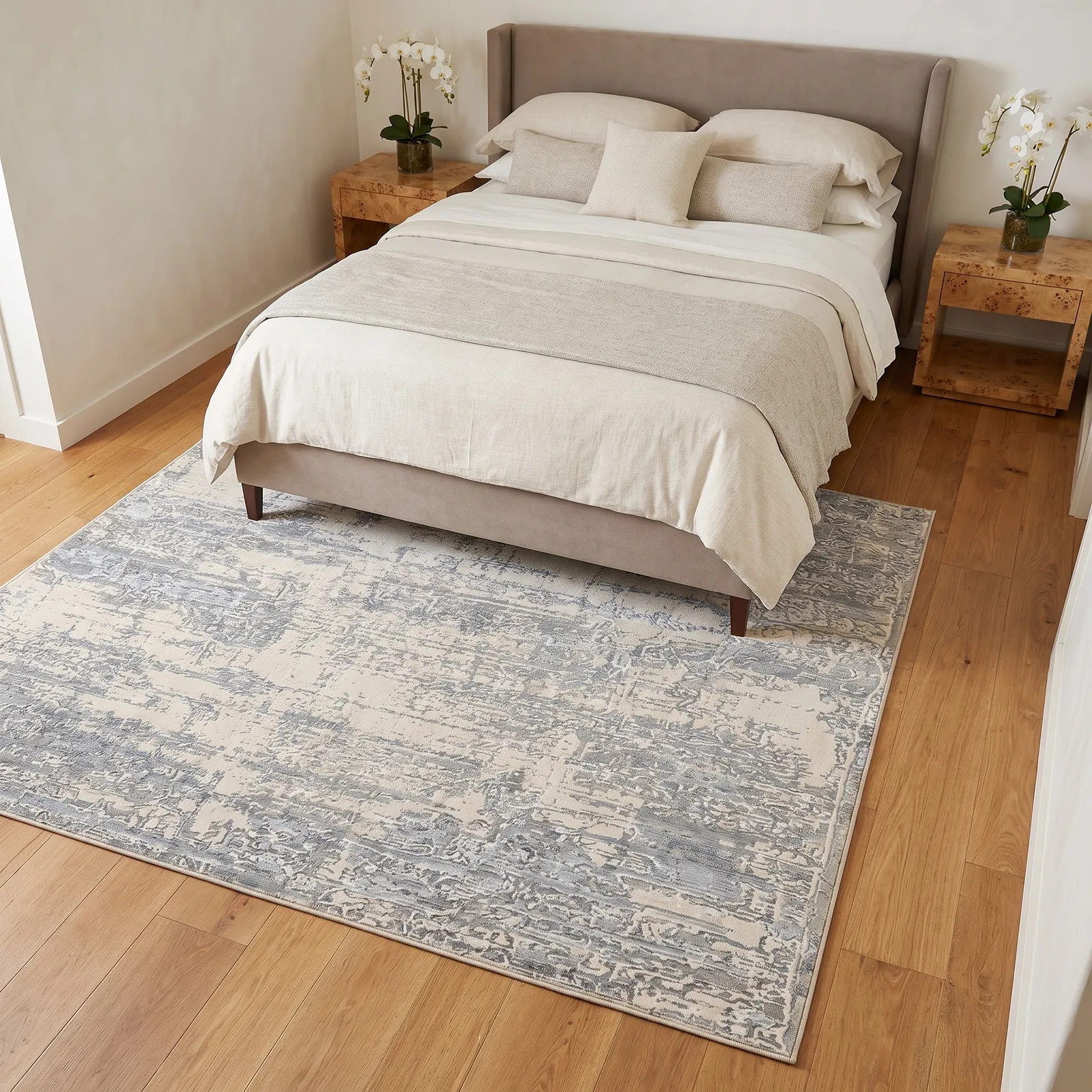 Alfombra abstracta difuminada grande, Hueso y gris, grosor 2 cm, reverso de yute (200*290cm)