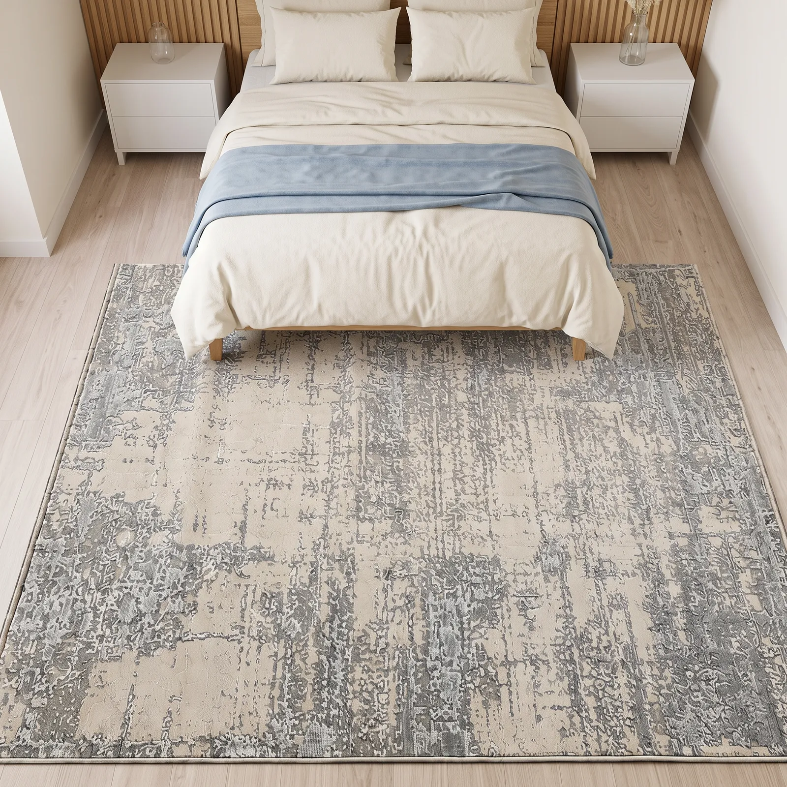 Alfombra abstracta difuminada XL, Hueso y gris, grosor 2 cm, reverso de yute (240*340cm)