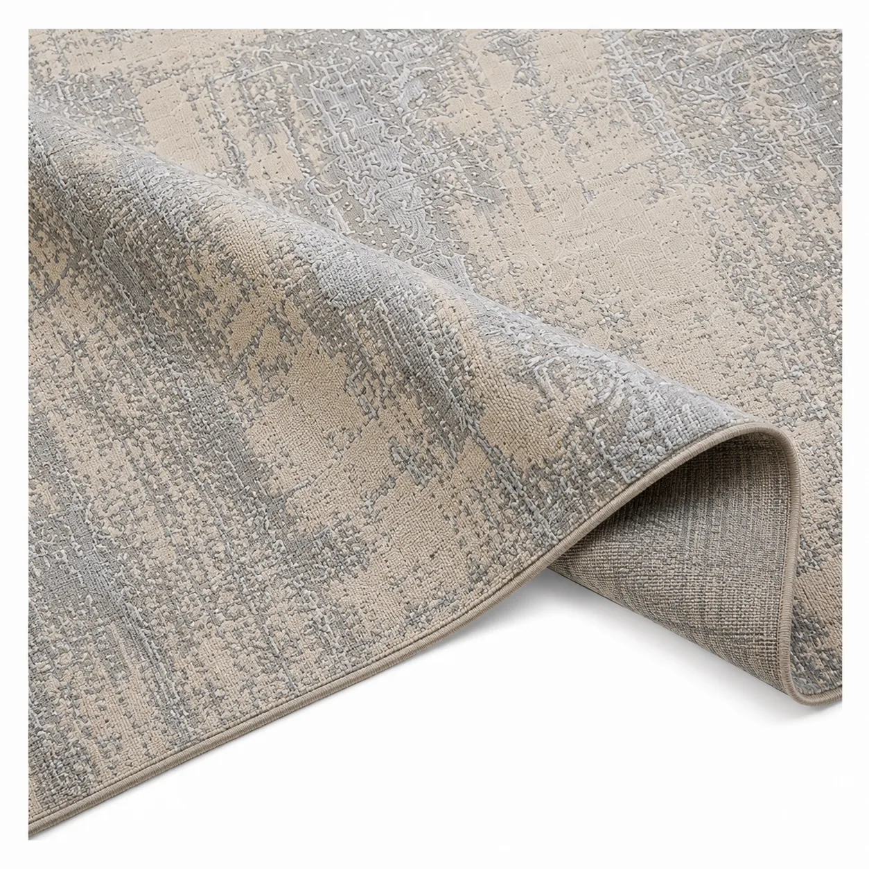 Alfombra abstracta difuminada XL, Hueso y gris, grosor 2 cm, reverso de yute (240*340cm)