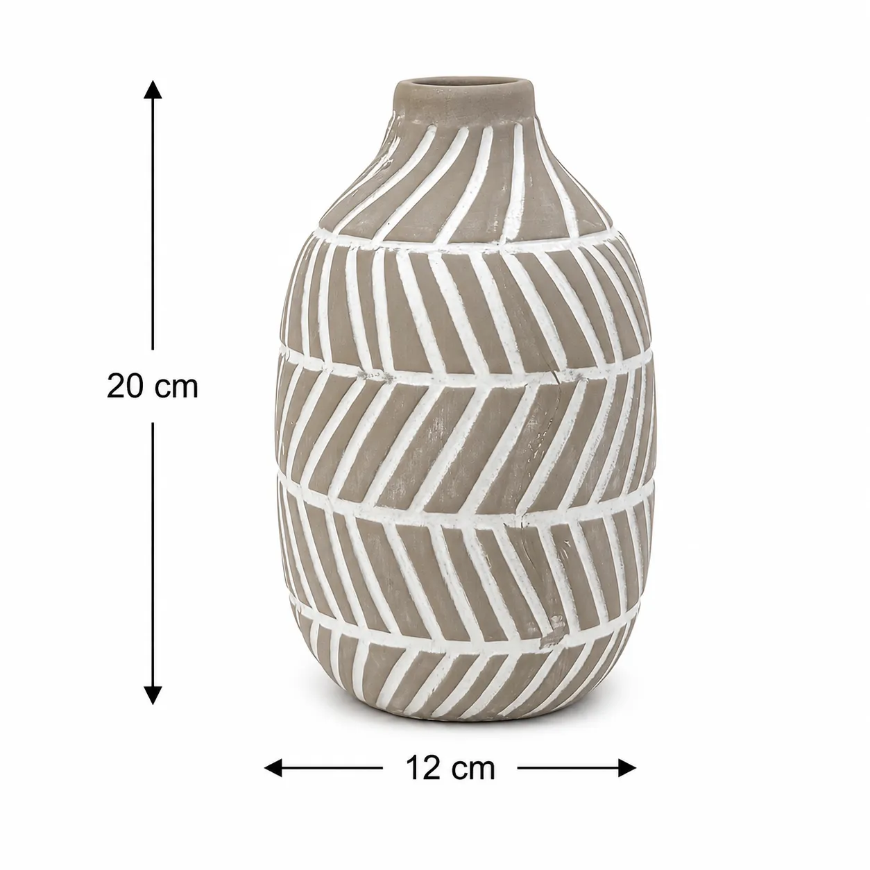 Jarrón cerámica rayas chevron, Blanco y gris (12*20)