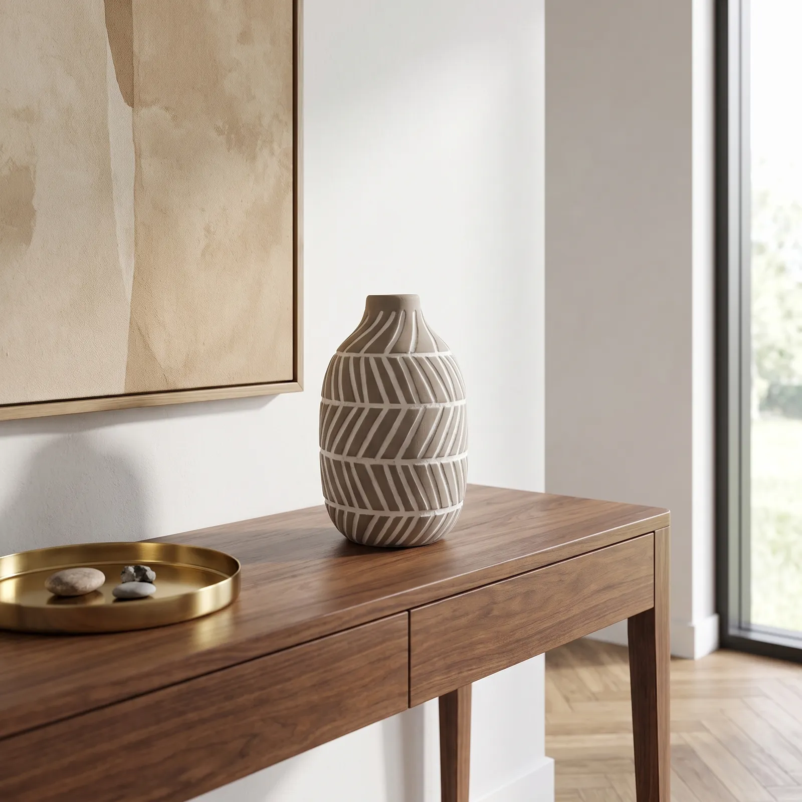 Jarrón cerámica rayas chevron, Blanco y gris (12*20)