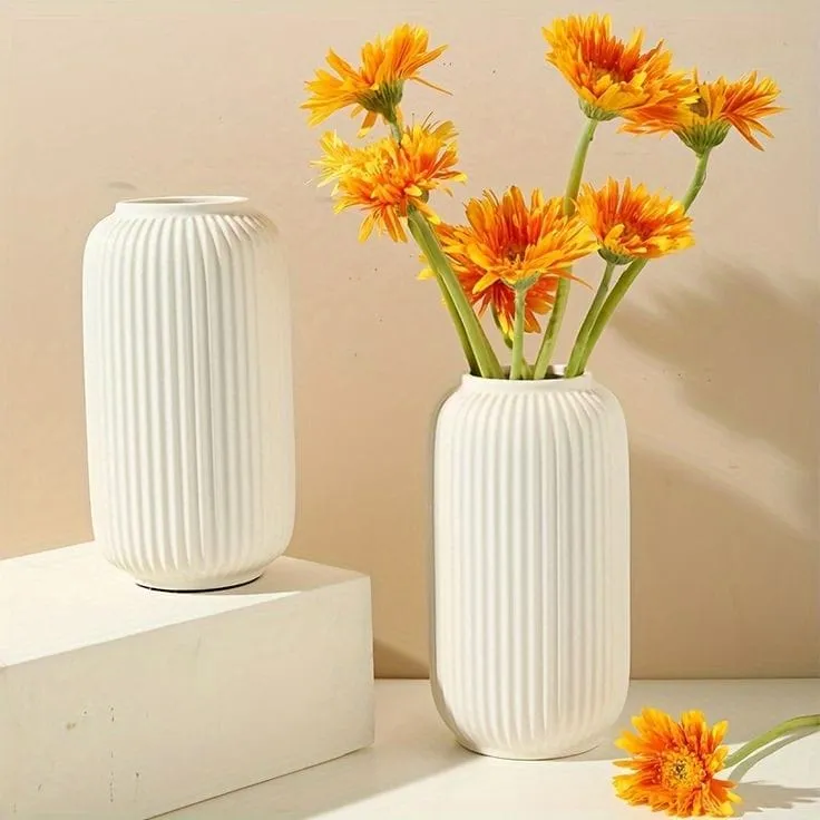 Jarrón cerámica acanalado pequeño, Blanco (11*11*17cm)