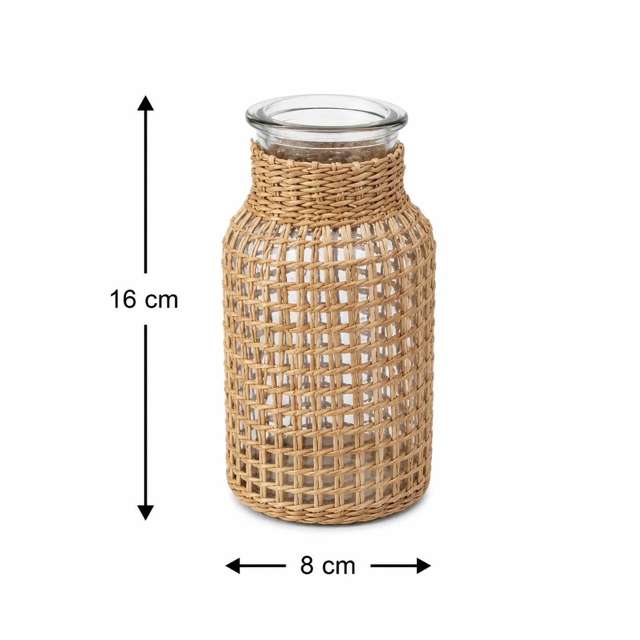 Jarrón de vidrio forrado en ratán entramado pequeño, Natural (8*16cm)