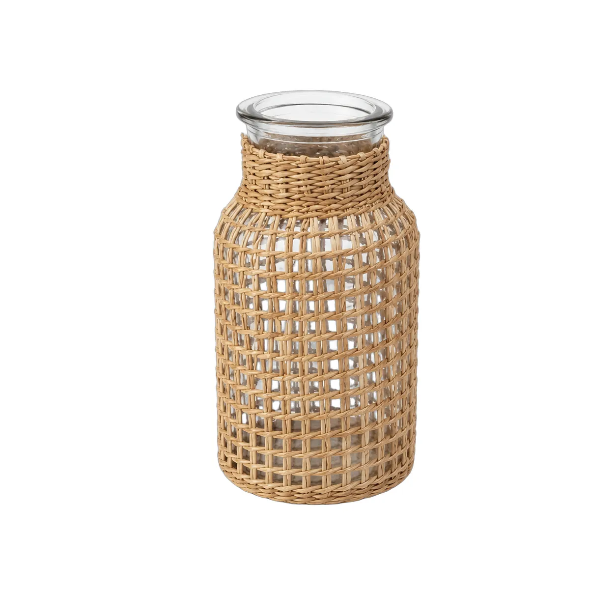 Jarrón de vidrio forrado en ratán entramado pequeño, Natural (8*16cm)