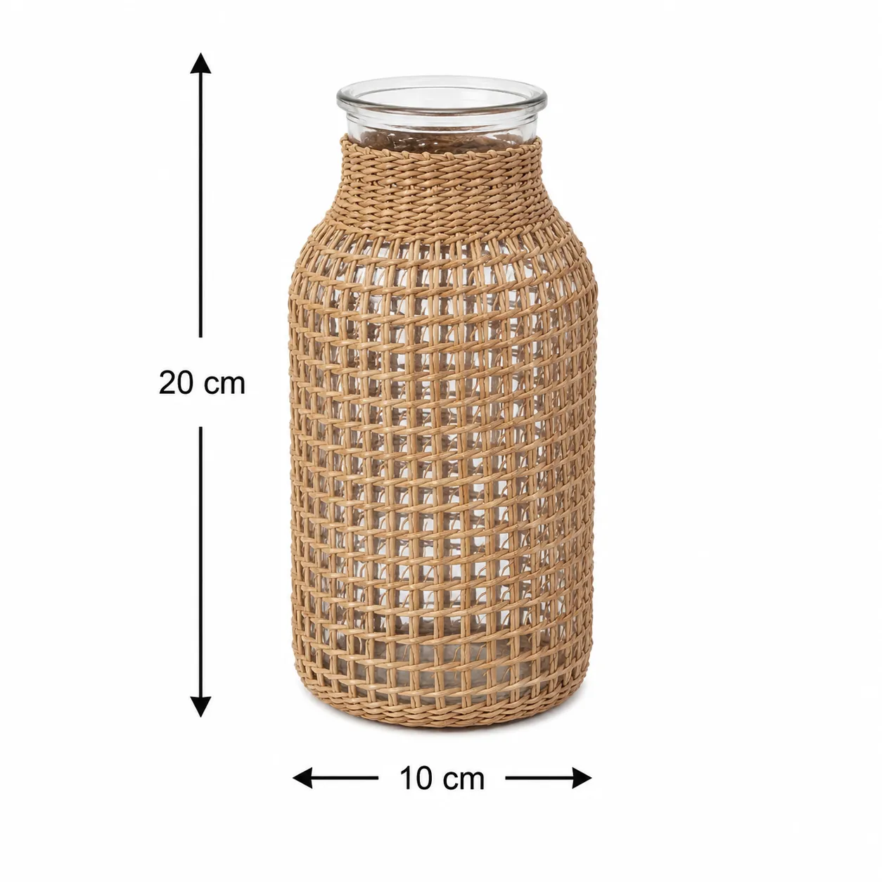 Jarrón de vidrio forrado en ratán entramado grande, Natural (10*20cm)