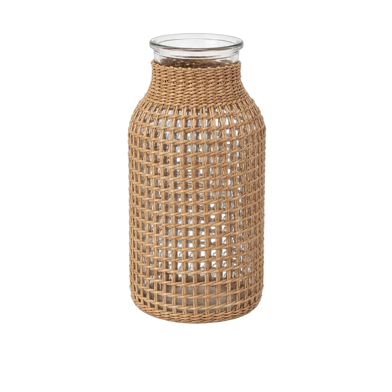 Jarrón de vidrio forrado en ratán entramado grande, Natural (10*20cm)