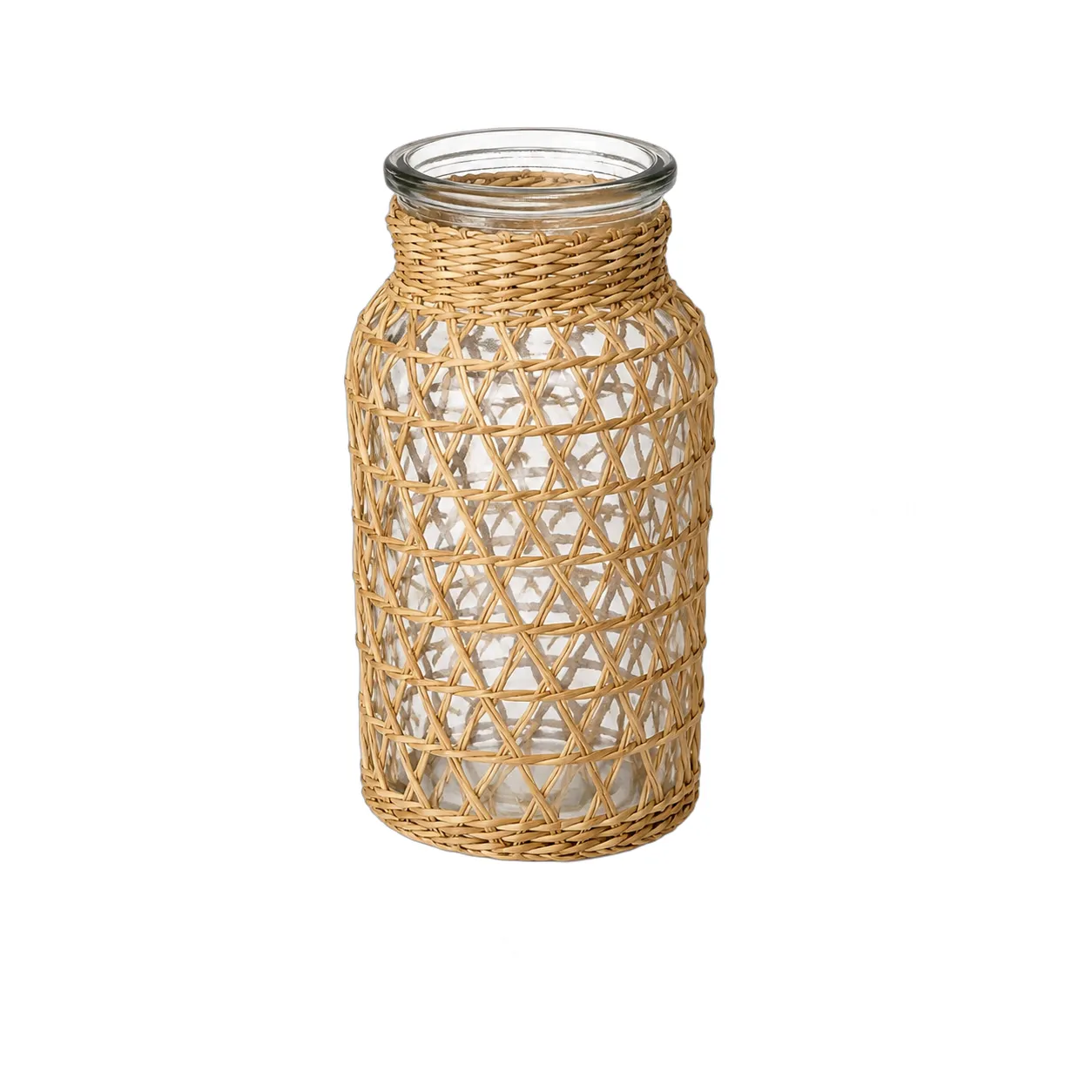 Jarrón de vidrio forrado en ratán cruzado pequeño, Natural (8*16cm)