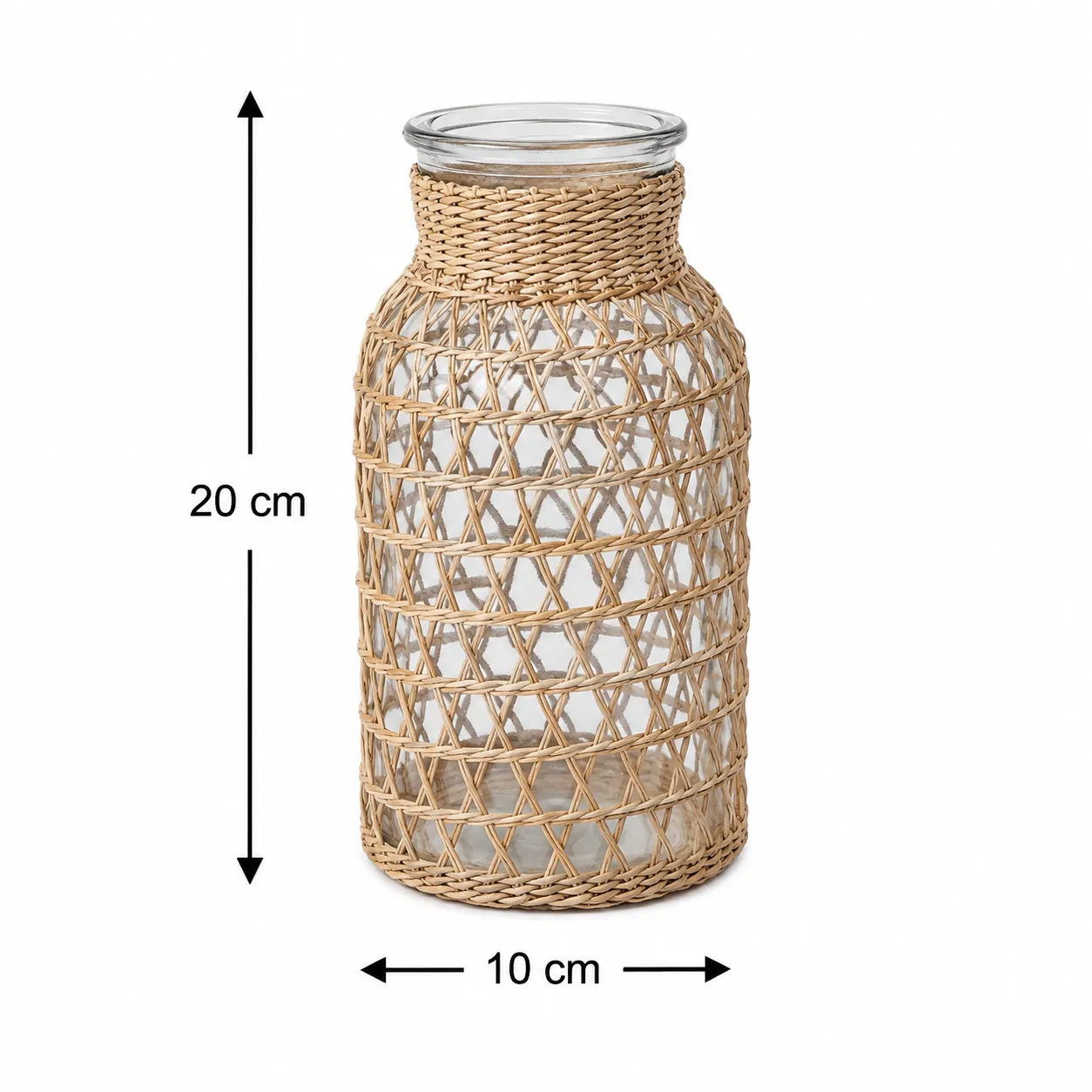 Jarrón de vidrio forrado en ratán cruzado grande, Natural (10*20cm)