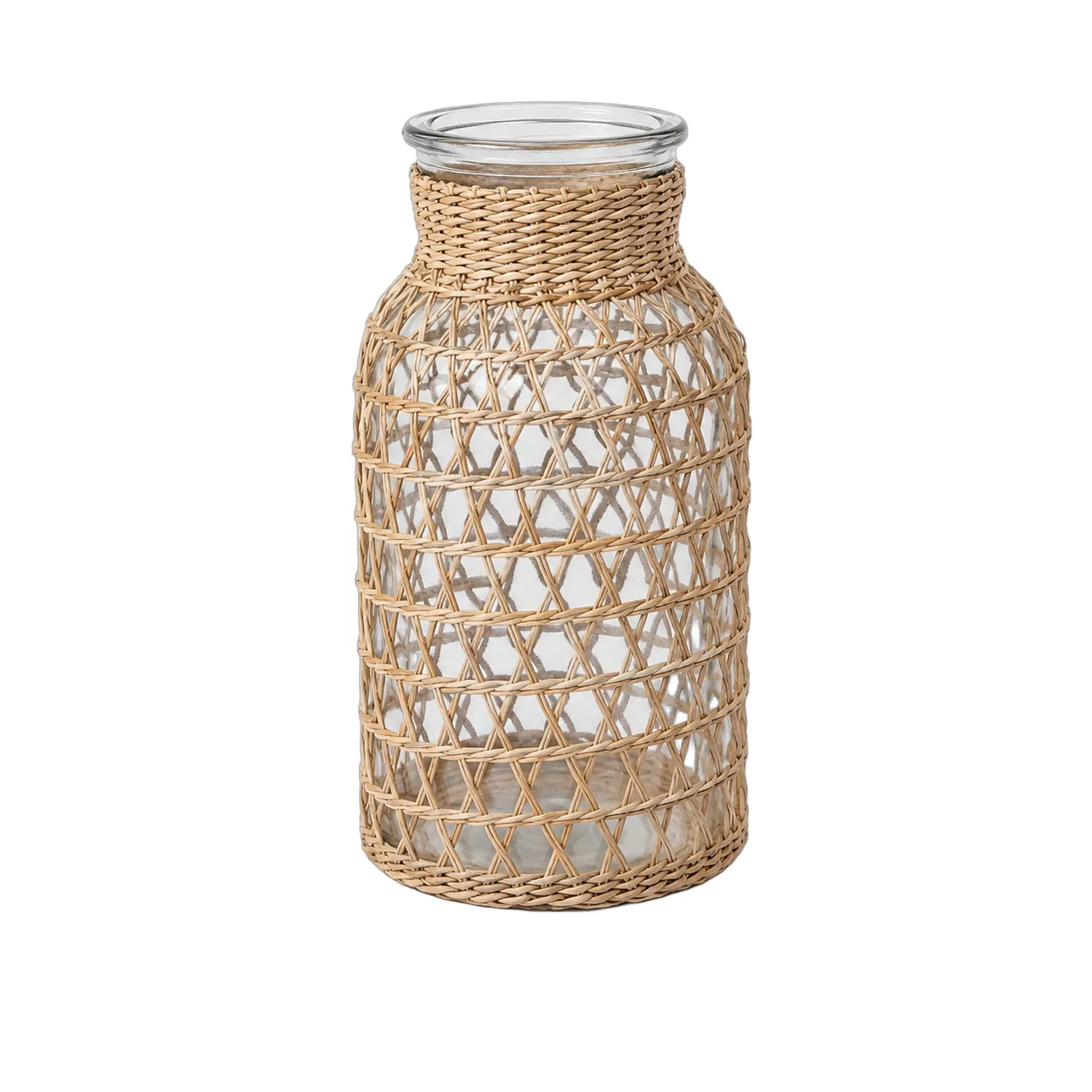 Jarrón de vidrio forrado en ratán cruzado grande, Natural (10*20cm)