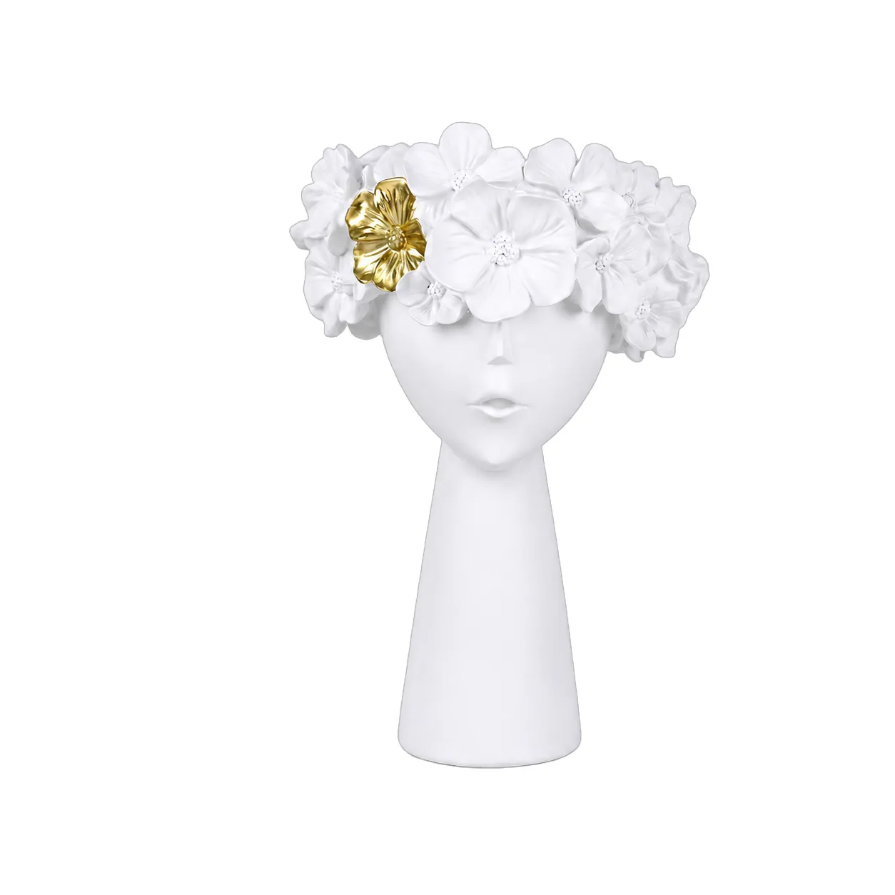 Escultura rostro con flores de resina, Blanco (17*17*27cm)