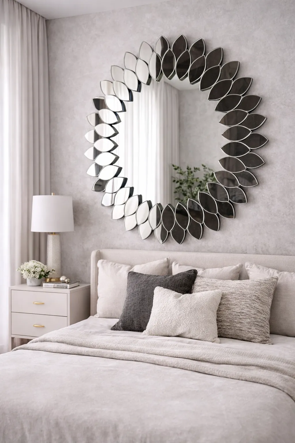 Espejo redondo pétalos escamados, Plateado (90cm)