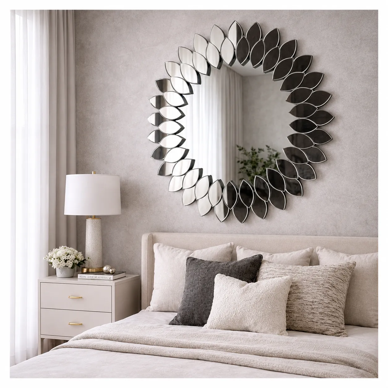 Espejo redondo pétalos escamados, Plateado (90cm)