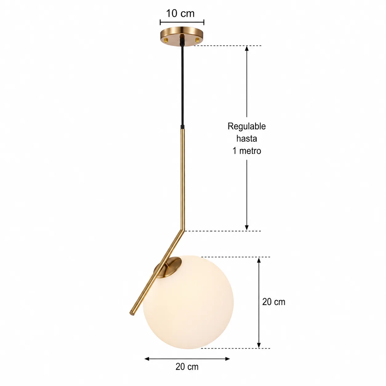 Lámpara colgante esfera opalina con brazo angular, Dorado (20*100cm)