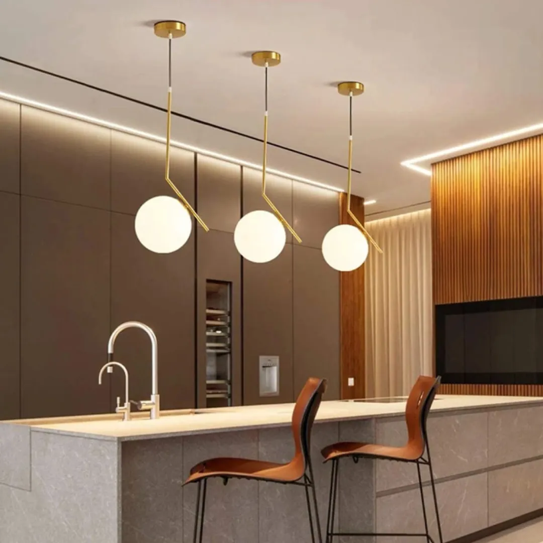 Lámpara colgante esfera opalina con brazo angular, Dorado (20*20*Regula 100cm) (1 foco E27BULB3000K no incluido)
