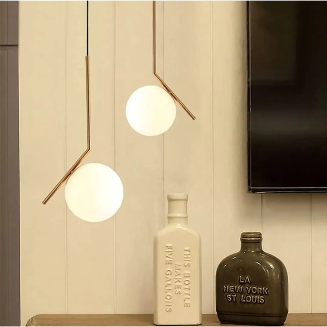 Lámpara colgante esfera opalina con brazo angular, Dorado (20*20*Regula 100cm) (1 foco E27BULB3000K no incluido)