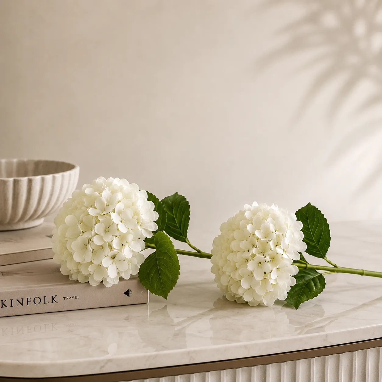 Rama de hortensia artificial suelta real al toque, Blanco (20*50cm)
