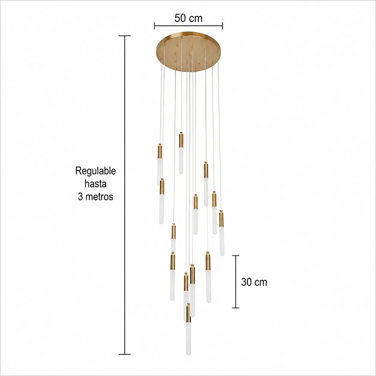Lámpara colgante de doble altura con tubos LED, Dorado (50*300cm)