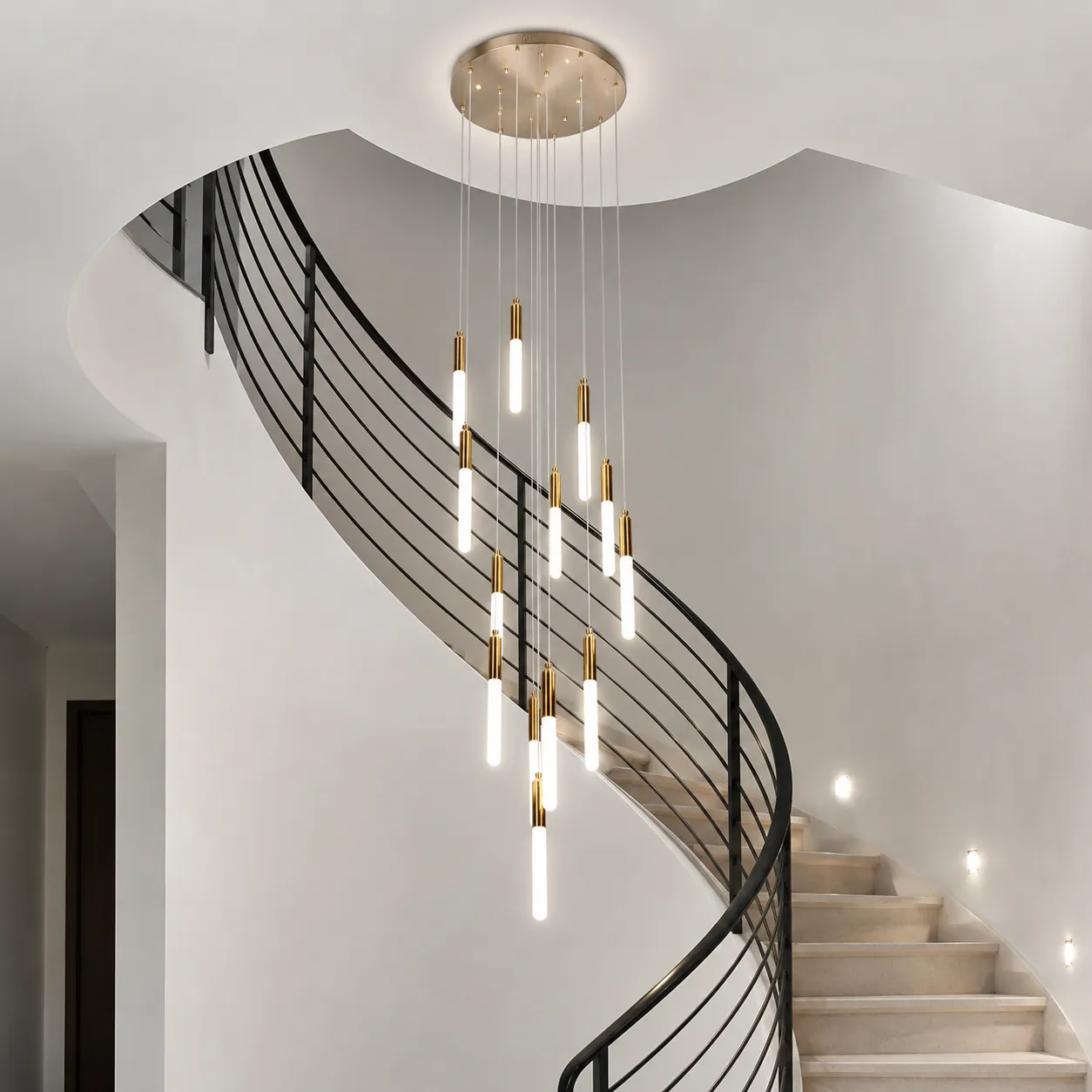 Lámpara colgante de doble altura con tubos LED, Dorado (50*Regula 300cm) (13 tubos led 4*30cm) (Circuito LED integrado, 3 temperaturas de luz: cálida 3000K, neutra 4500K, blanca 6000K, vida útil 25000 horas)