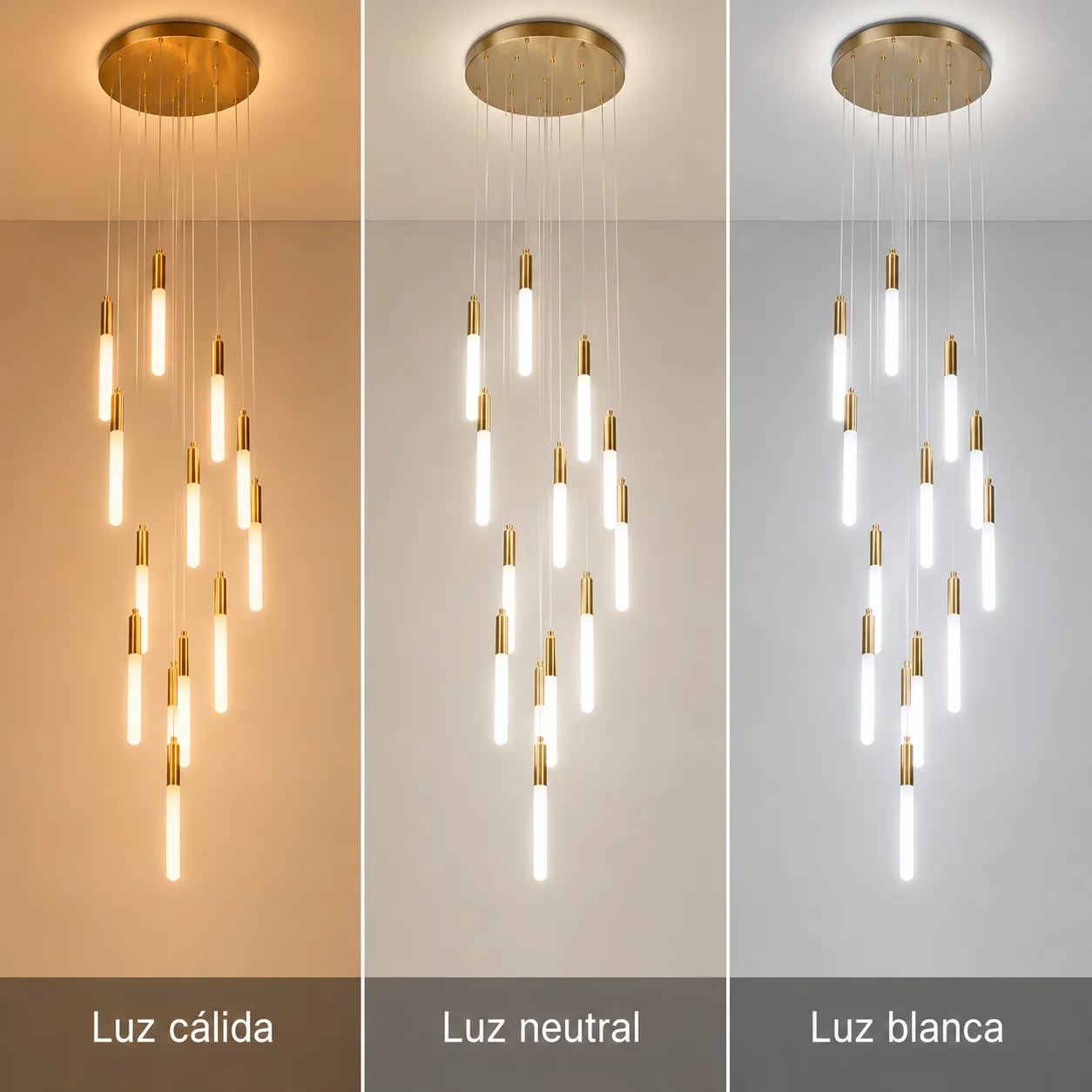 Lámpara colgante de doble altura con tubos LED, Dorado (50*Regula 300cm) (13 tubos led 4*30cm) (Circuito LED integrado, 3 temperaturas de luz: cálida 3000K, neutra 4500K, blanca 6000K, vida útil 25000 horas)