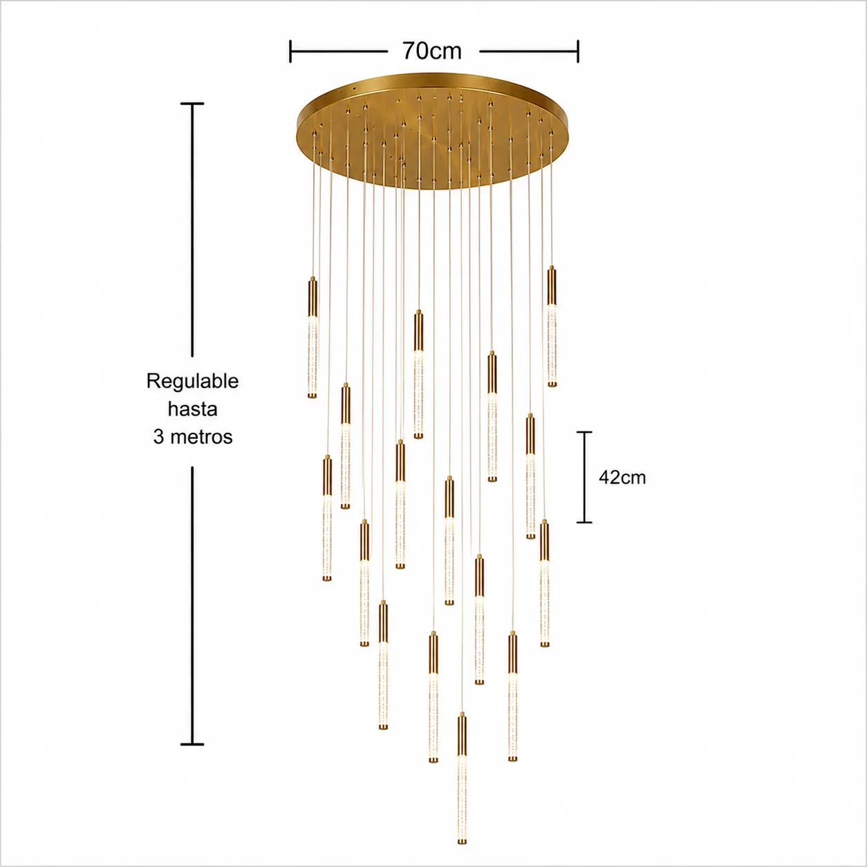 Lámpara colgante tubular LED en cascada, Dorado (70*300cm)