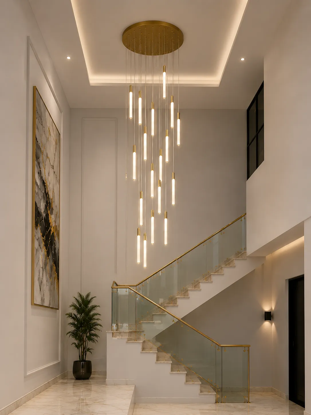 Lámpara colgante tubular LED en cascada, Dorado (70*300cm) (23 tubos led 2*42cm) (Circuito LED integrado, 3 temperaturas de luz: cálida 3000K, neutra 4500K, blanca 6000K, vida útil 25000 horas)