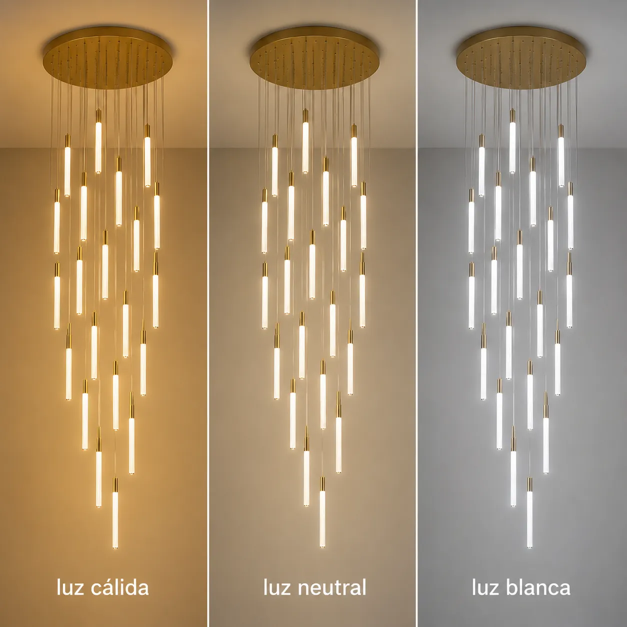 Lámpara colgante tubular LED en cascada, Dorado (70*300cm) (23 tubos led 2*42cm) (Circuito LED integrado, 3 temperaturas de luz: cálida 3000K, neutra 4500K, blanca 6000K, vida útil 25000 horas)