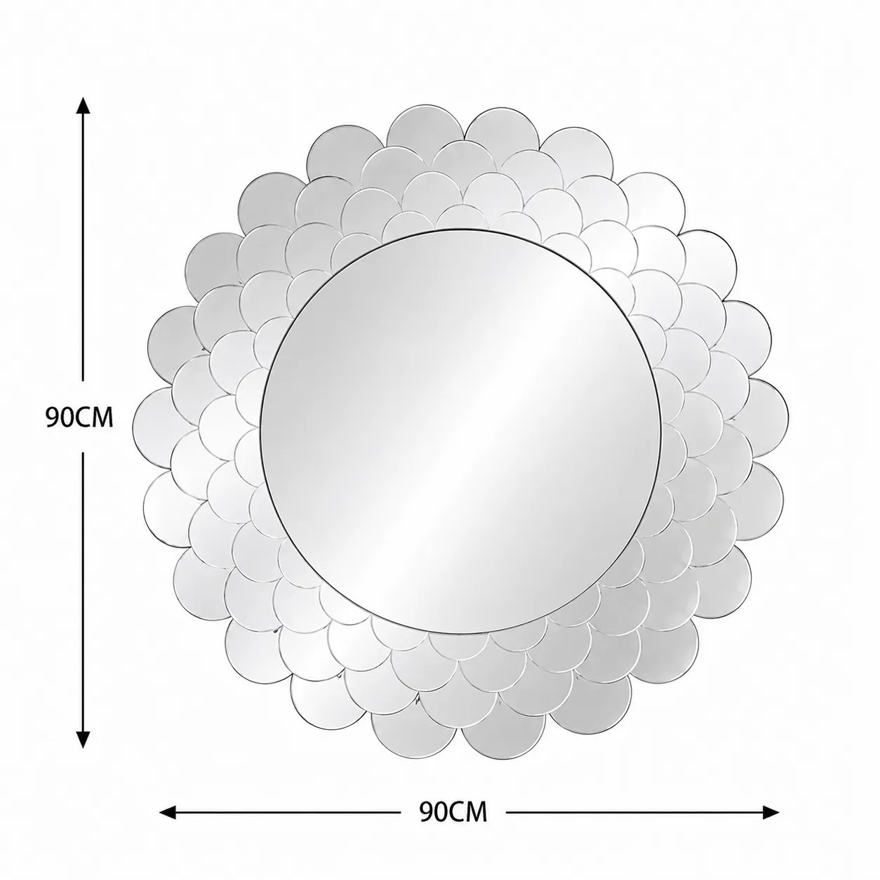 Espejo redondo pétalos escamados grande, Plateado (90cm)