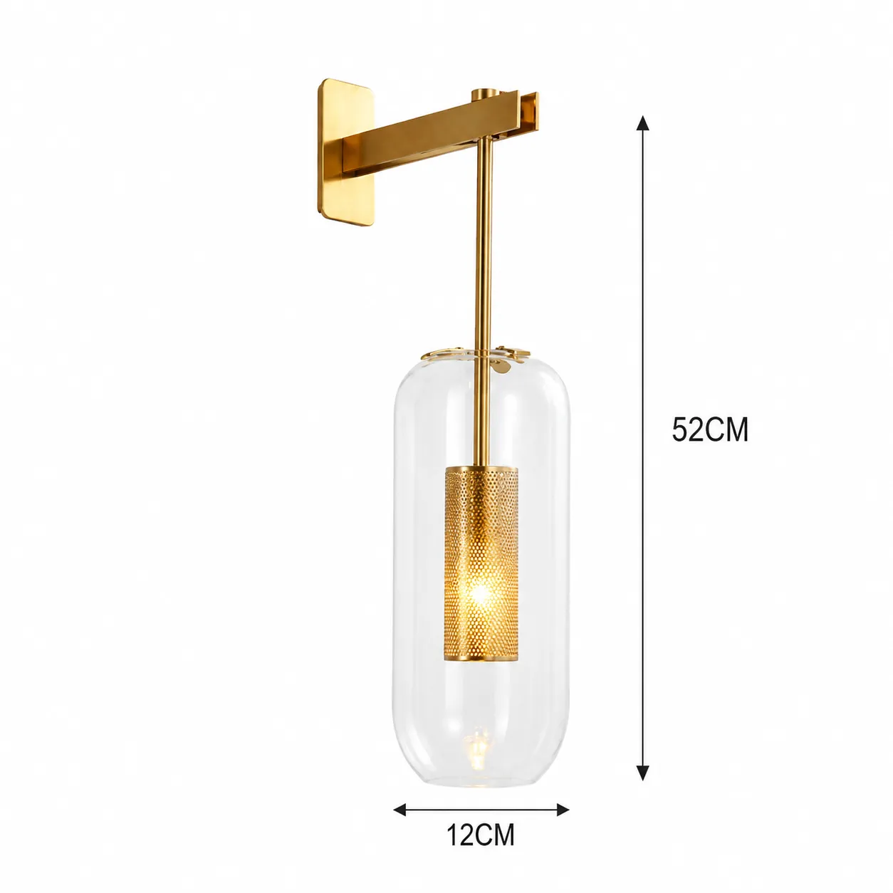 Aplique de pared farol de vidrio con brazo, Dorado (12*15*52cm)