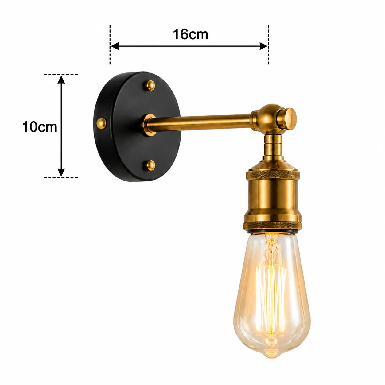 Aplique de pared brazo recto bombilla vintage, Negro y dorado (10*16*10cm)