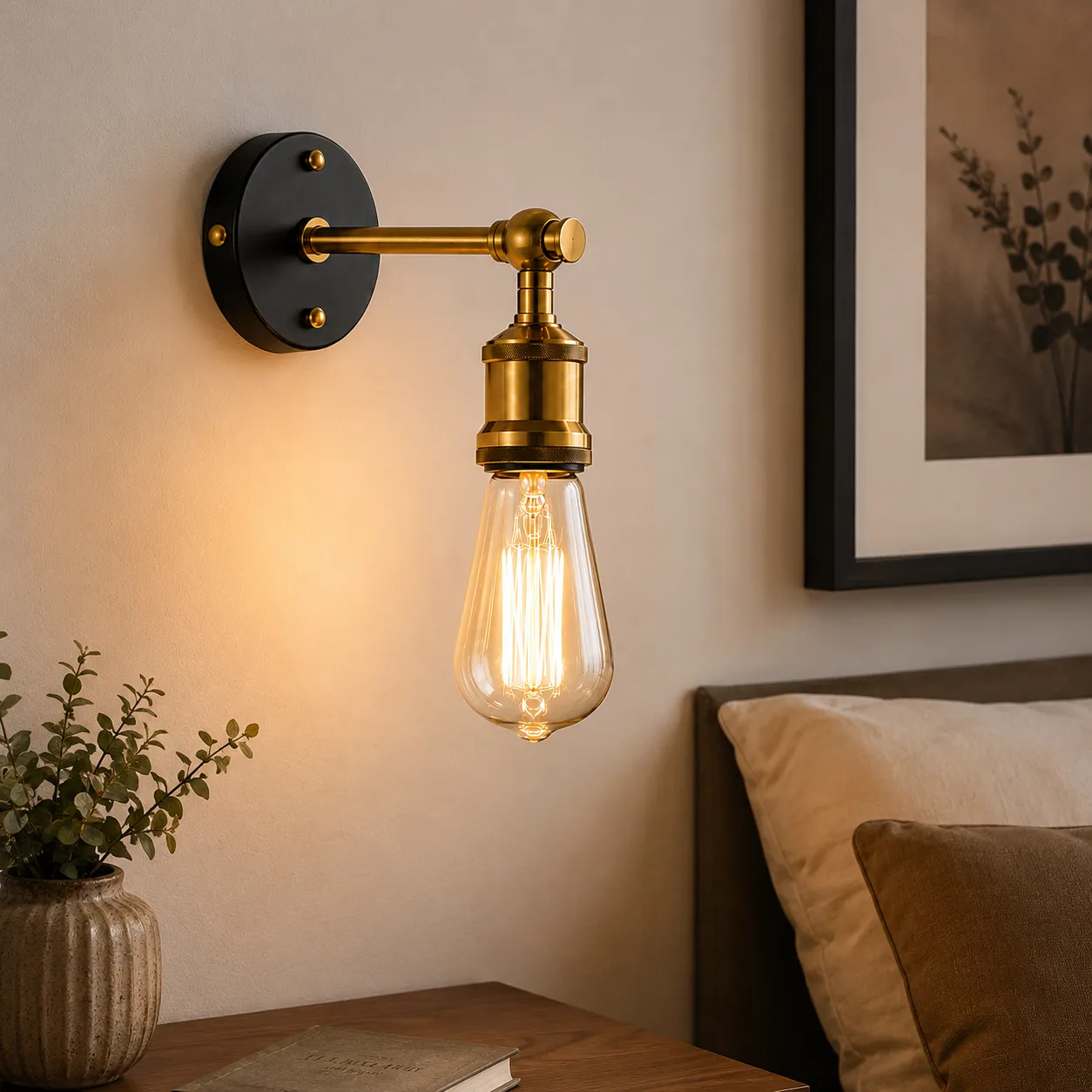 Aplique de pared brazo recto bombilla vintage, Negro y dorado (10*16*10cm) (1 foco E27 no incluido)