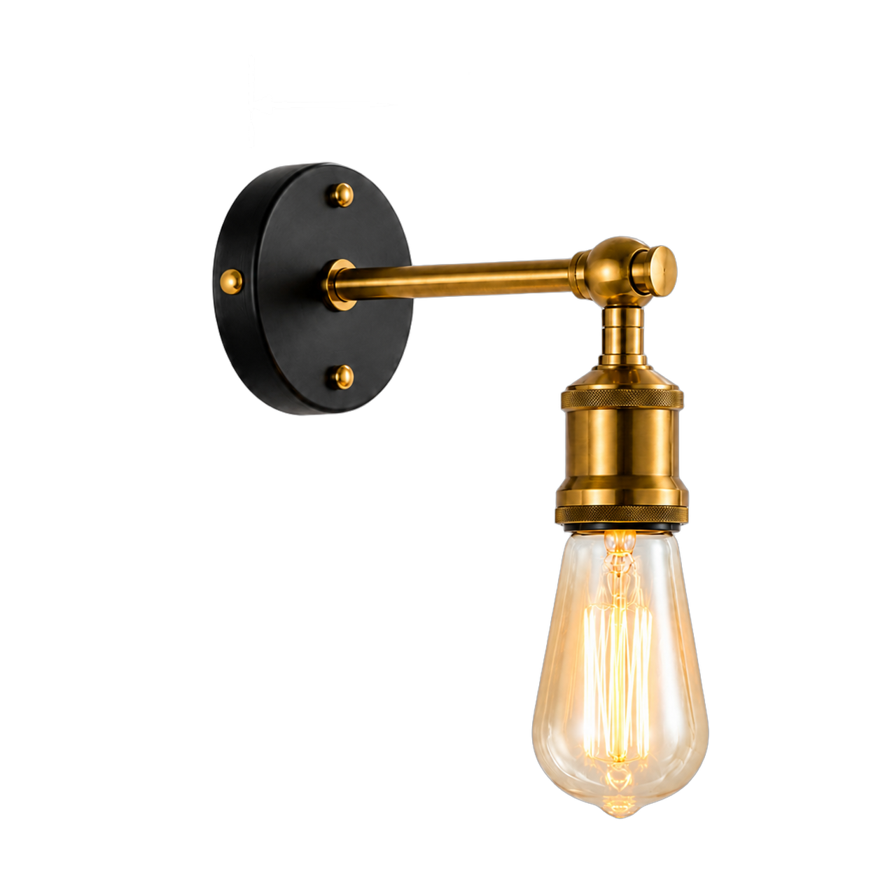 Aplique de pared brazo recto bombilla vintage, Negro y dorado (10*16*10cm) (1 foco E27 no incluido)